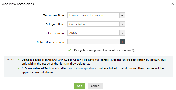 technician-rolesettings Adding new domain technicians in ADSelfService Plus
