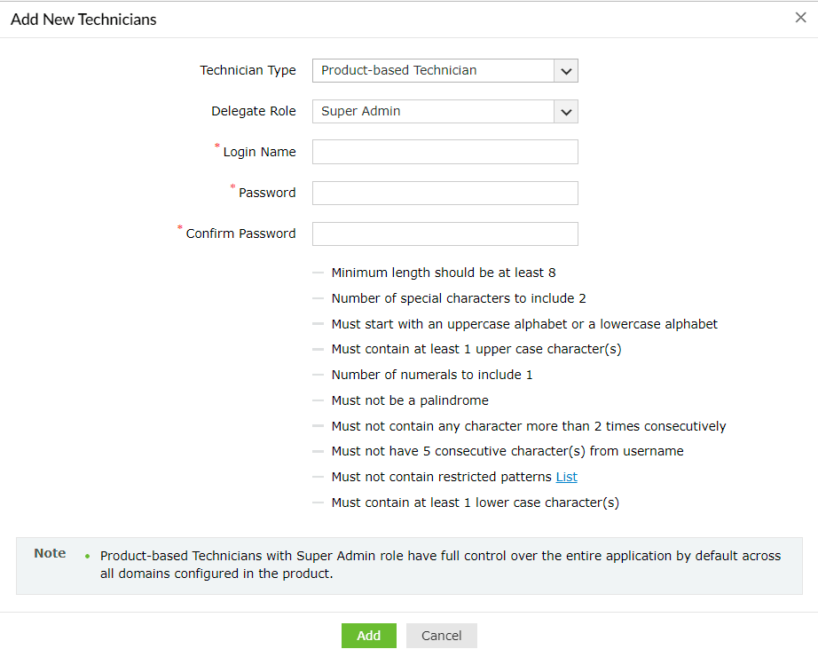 technician-rolesettings Adding new product technicians in ADSelfService Plus