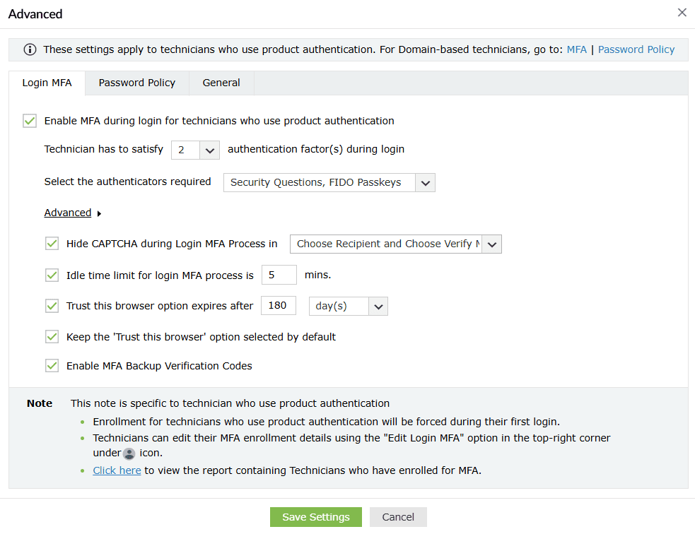 Login MFA Advanced technician settings in ADSelfService Plus