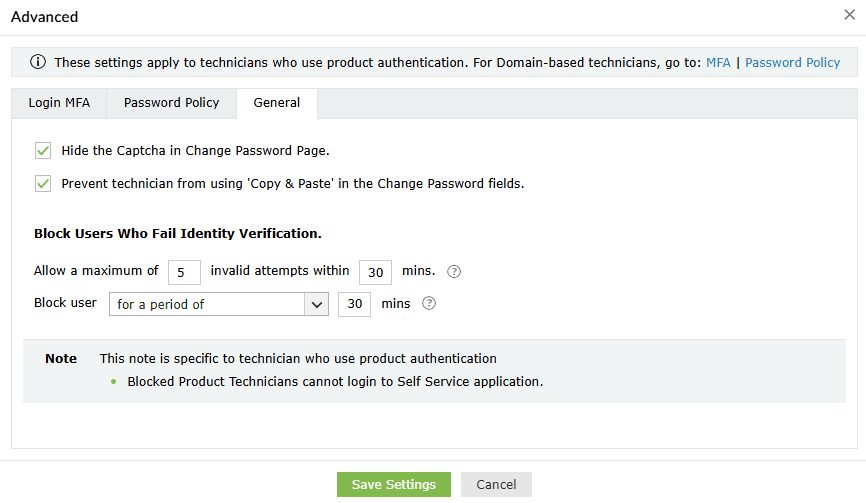 Login MFA General technician settings in ADSelfService Plus