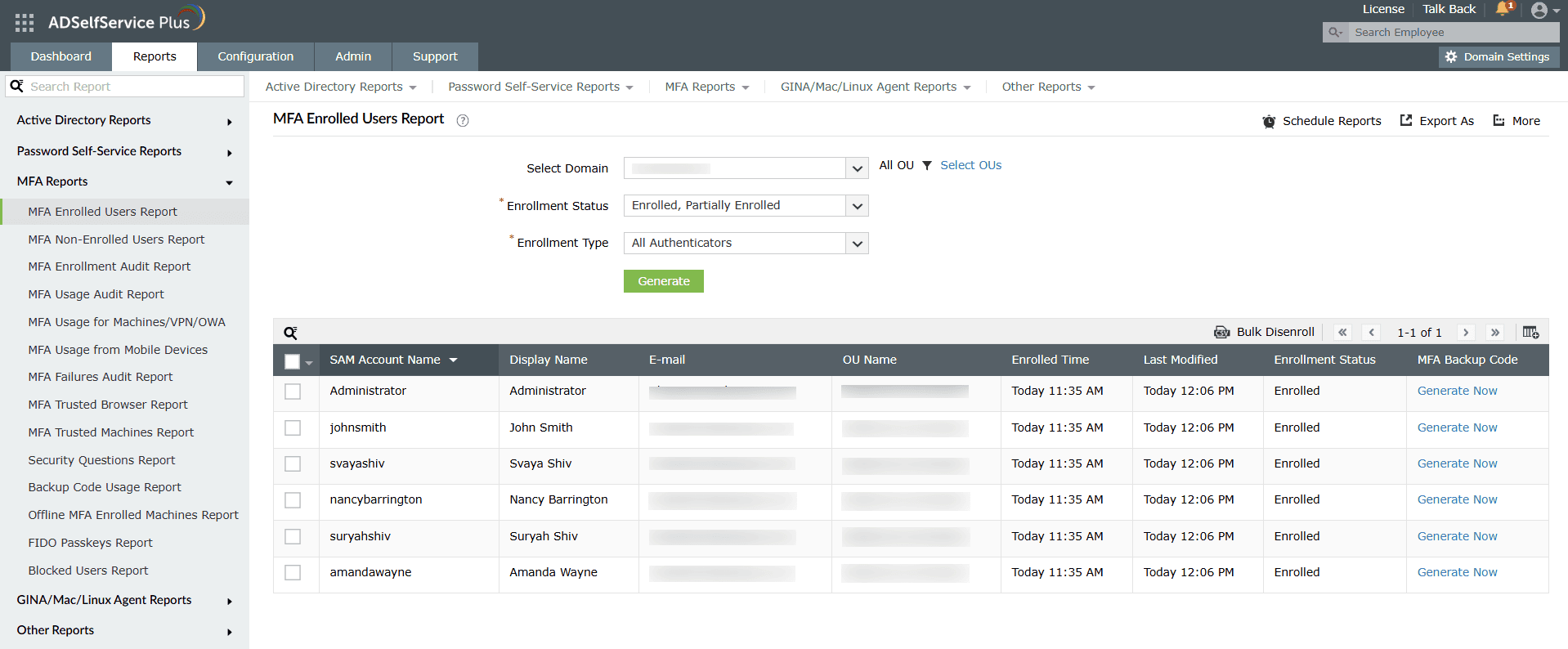 Password Policy MFA enrolled users report in ADSelfService Plus