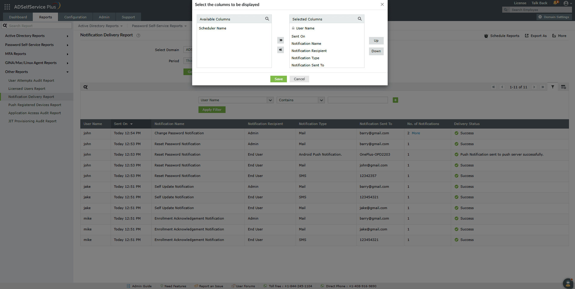 Customizing the Notifications Delivery Report in ADSelfService Plus