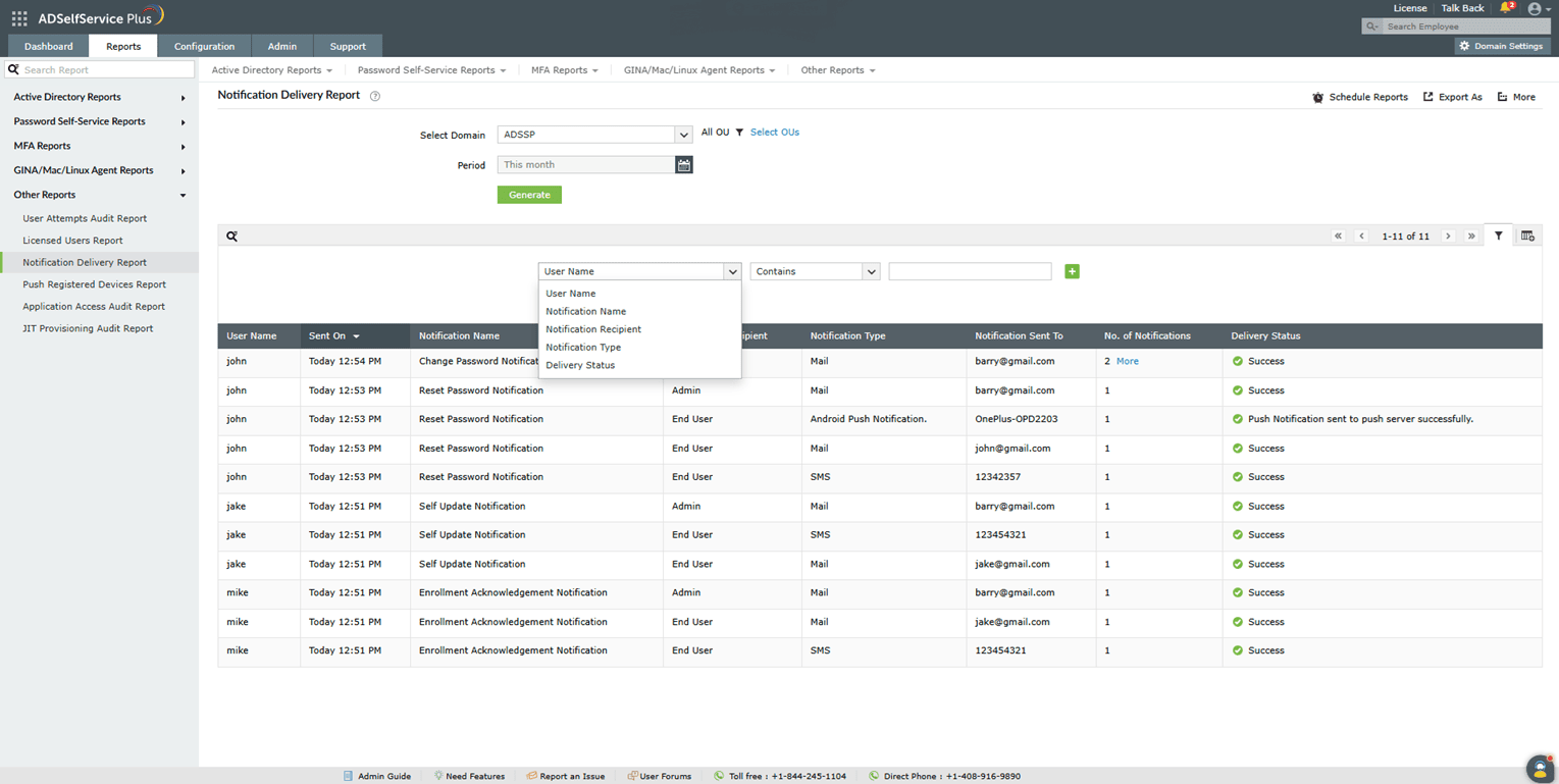Notifications Delivery Report in ADSelfService Plus