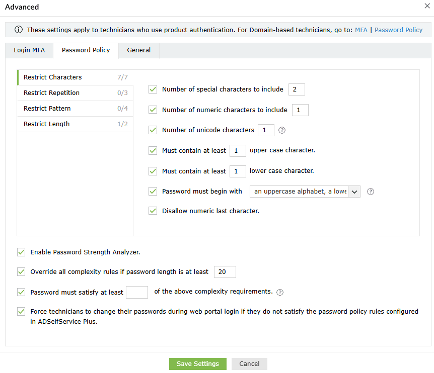 Password Policy Password policy to restrict characters in ADSelfService Plus