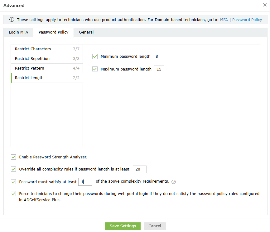 Password Policy Password policy to restrict length in ADSelfService Plus