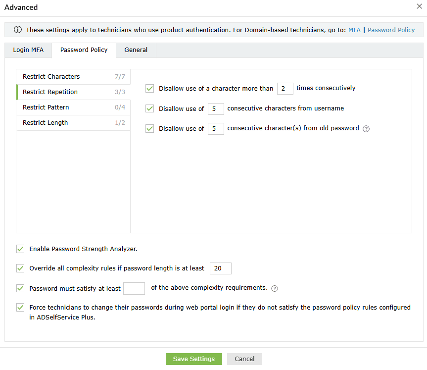 Password Policy Password policy to restrict repetition in ADSelfService Plus