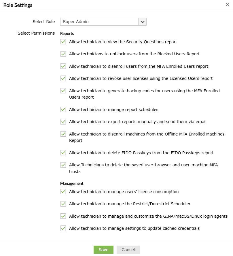 technician-rolesettings Role settings in ADSelfService Plus